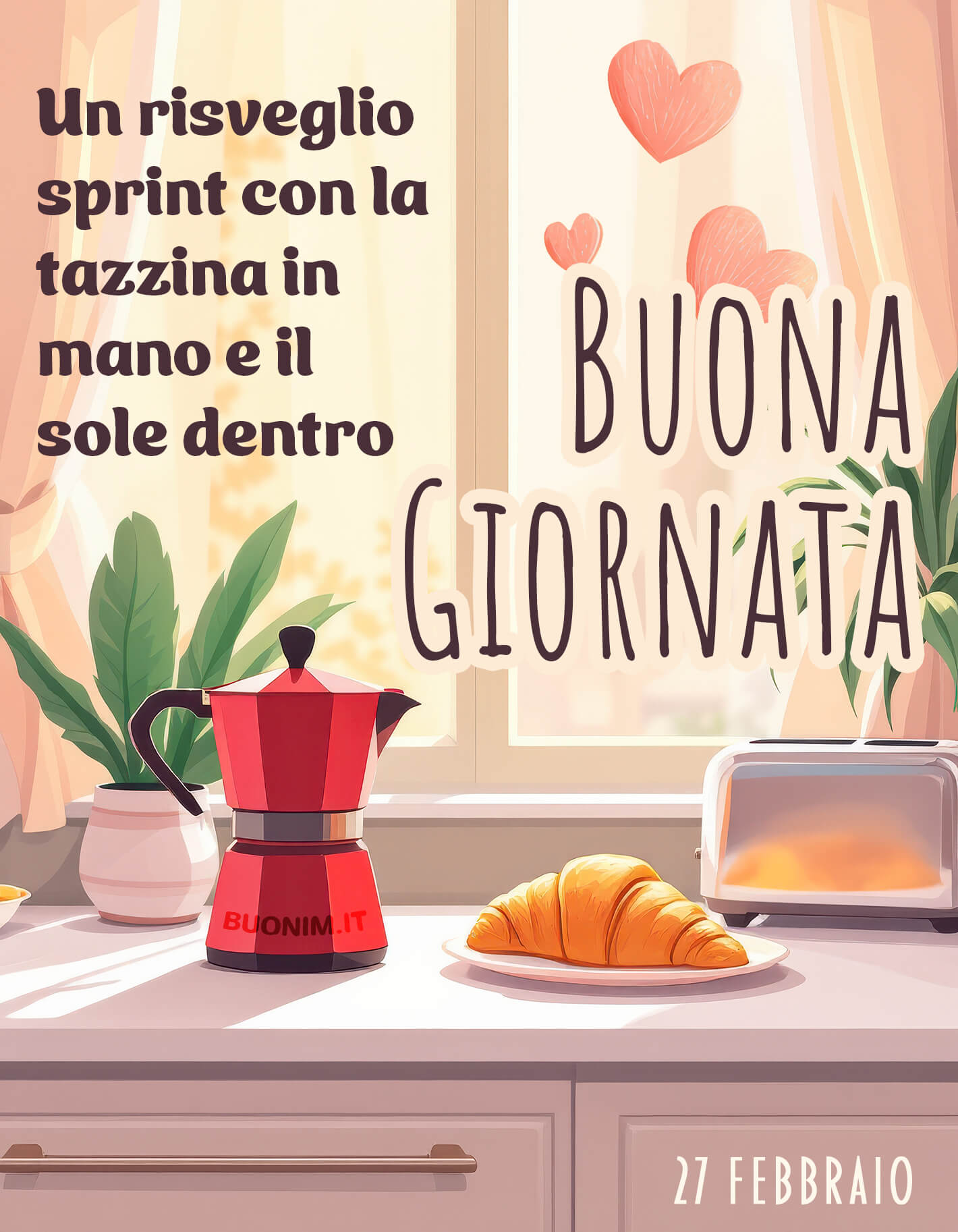 La moka rossa e il cornetto fragrante danno la carica alla mattina. Ti auguro un 27 febbraio vivace, con energia, buonumore e tante belle occasioni da cogliere.