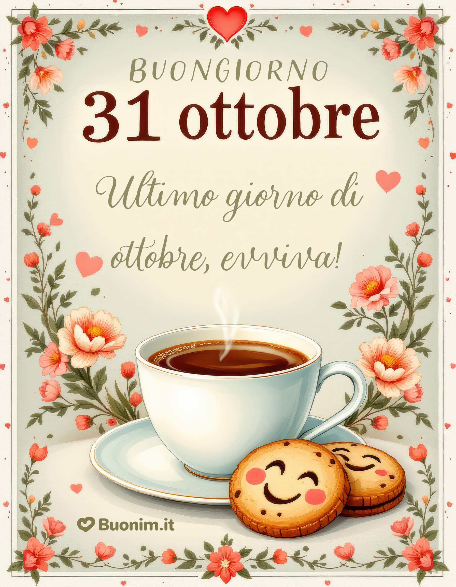 Dolce buongiorno 31 ottobre tra fiori e biscotti Un sorso caldo e un sorriso dal cuore, buon finale di mese per te con tanta serenità e tenerezza