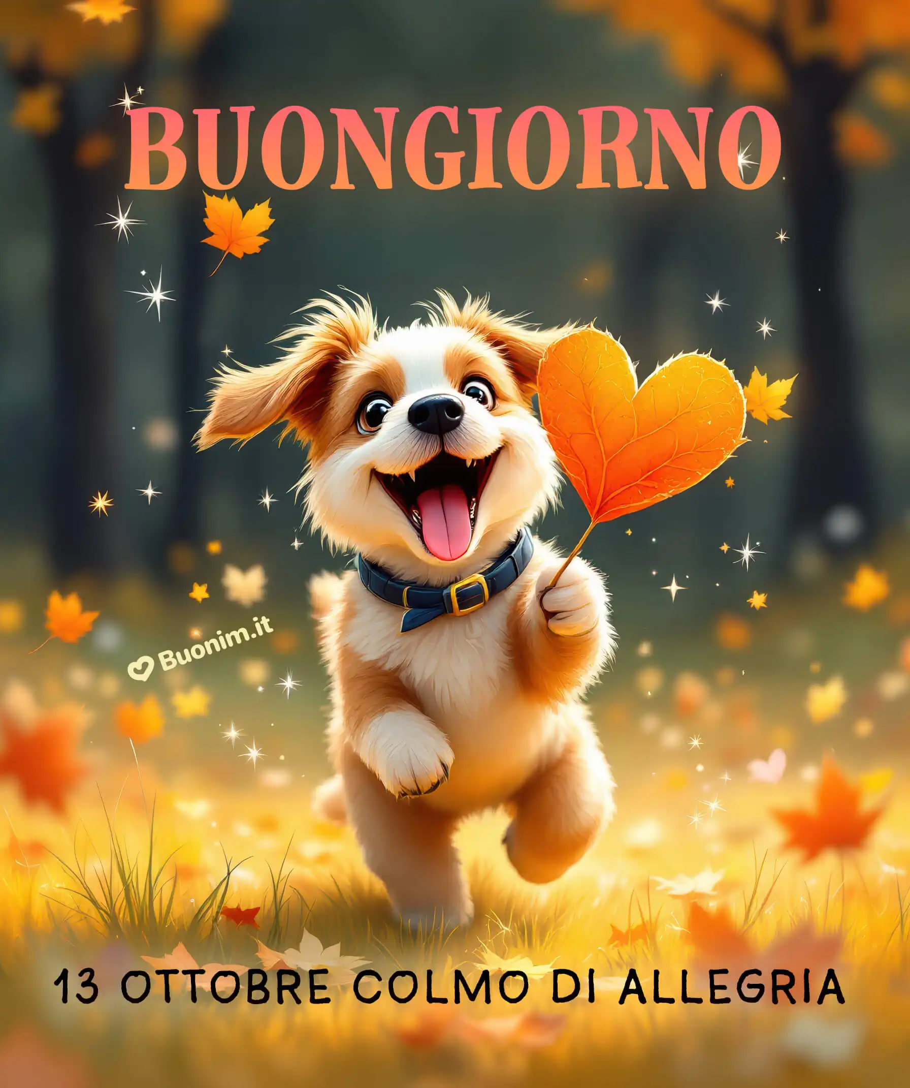 Dolce buongiorno con un cucciolo felice Un tenero cagnolino corre tra le foglie d’autunno portando allegria e amore in questo 13 ottobre