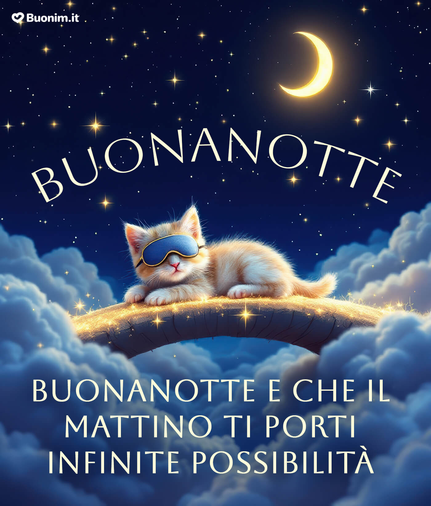 Immagine con frasi di buonanotte e gatti da dedicare con affetto Un tenero gattino della buonanotte per augurare sogni sereni