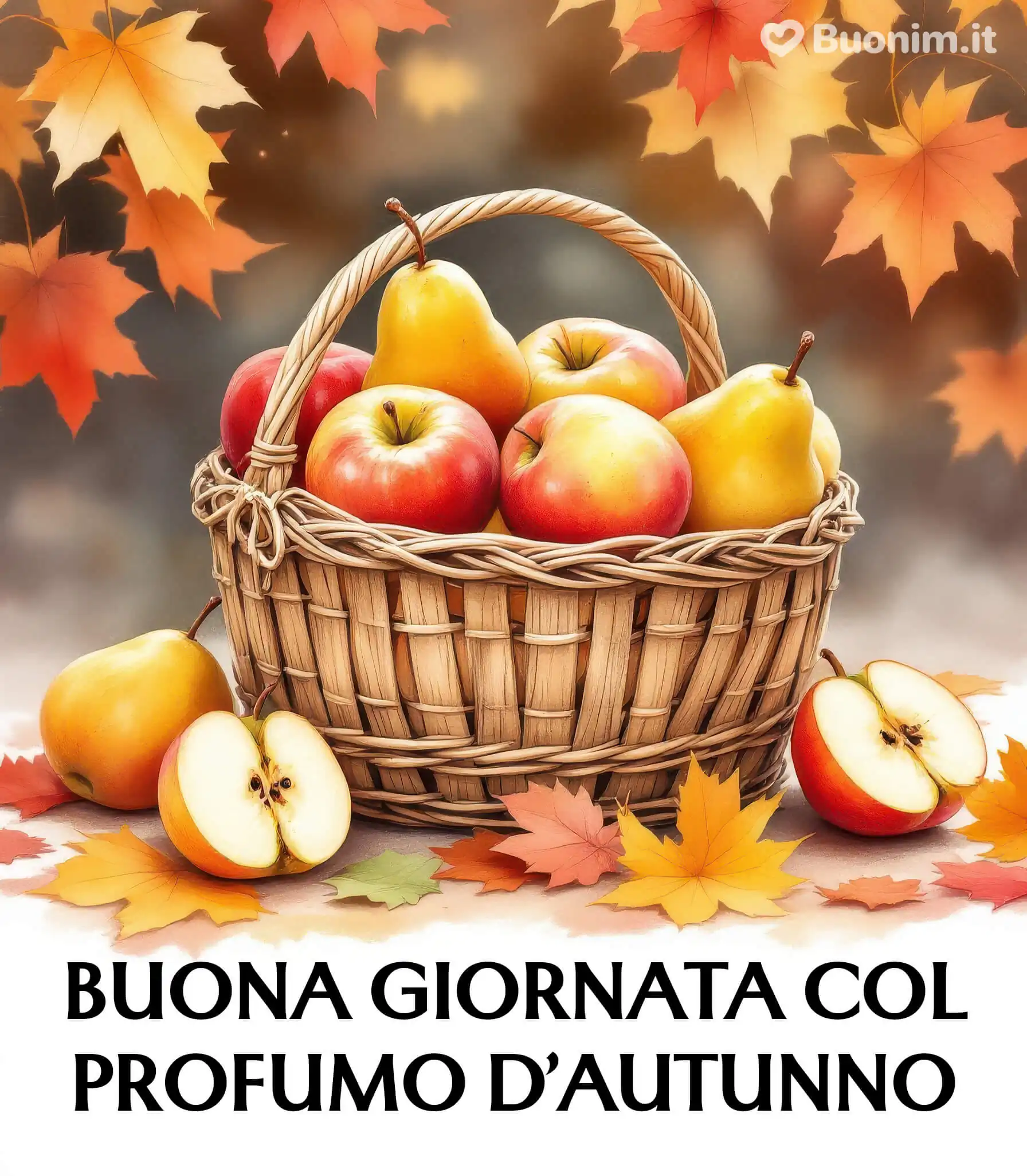 Una bellissima immagine con mele e pere per augurare buona giornata col profumo d’autunno