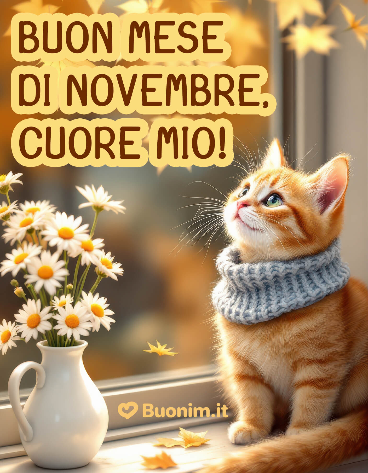 Gattino con sciarpa e margherite, buon novembre Una carezza di coccole alla finestra mentre cadono le foglie. Ti auguro un mese tenero e luminoso, cuore mio, pieno di pace e bacini per l’anima. Mandala a chi ha bisogno di una dolce dose di tenerezza.