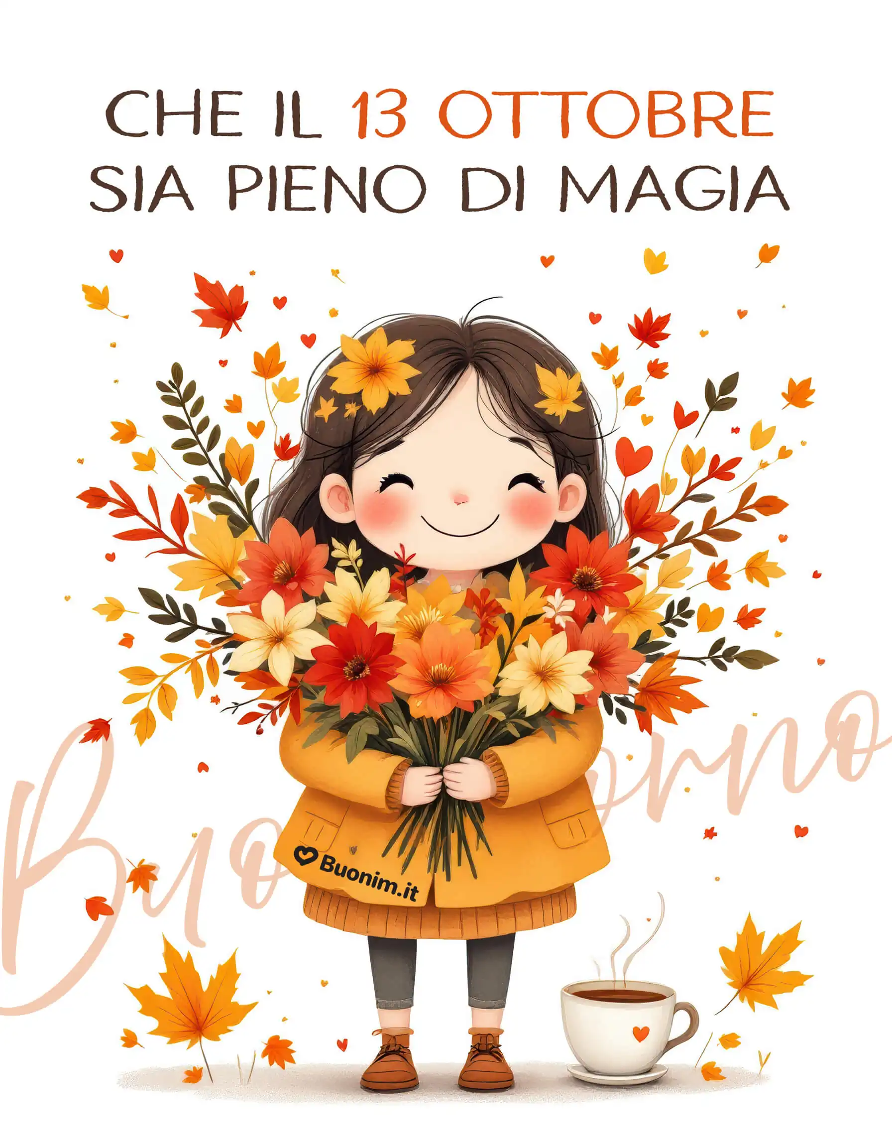 Un 13 ottobre pieno di magia e colori Una dolce bimba con un mazzo di fiori autunnali porta tenerezza e luce a questa mattina