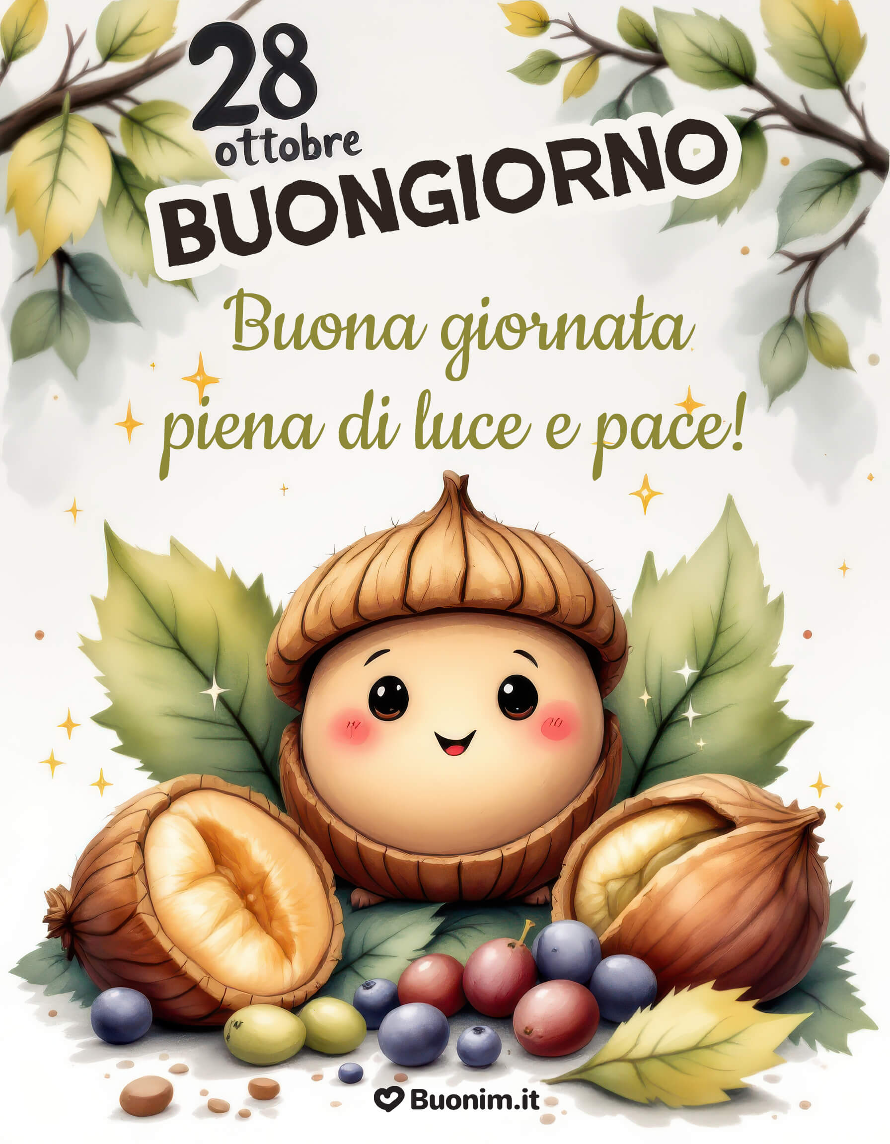 Buongiorno 28 ottobre, luce e pace Una ghiandina dolcissima tra foglie e frutti porta buonumore e tenerezza invia la cartolina e regala un abbraccione virtuale