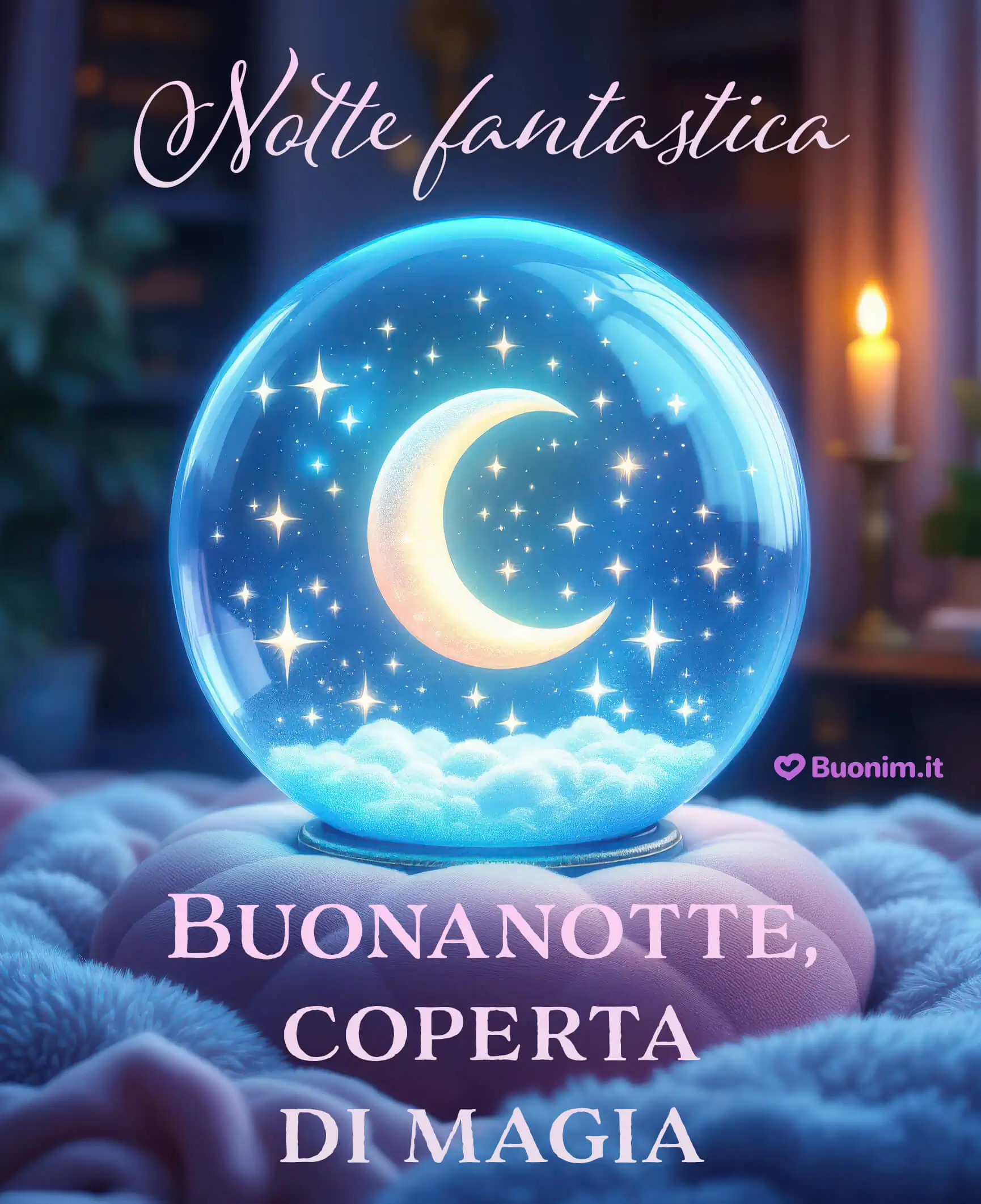 Sfera luminosa e luna per una notte magica Una pioggia di stelle danza nella sfera, il plaid è morbido e il cuore si rilassa. Respira a fondo e lascia che la magia ti avvolga come una coperta. Buonanotte con affetto e sogni d’oro, condividi questa immagine e regala dolcezza.