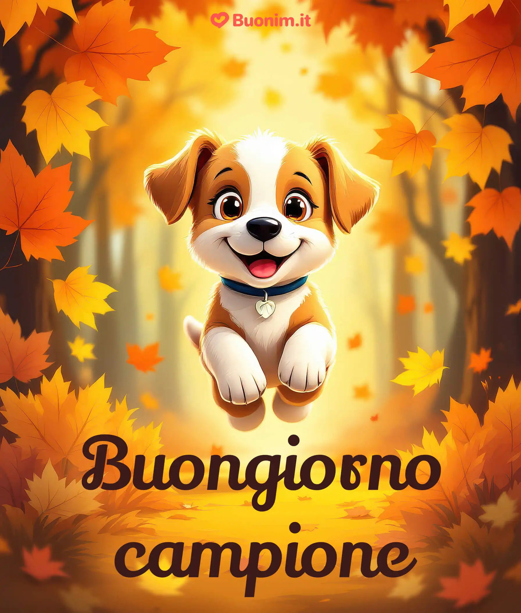 Una simpatica immagine autunnale con un cagnolino per augurare il buongiorno col cuore