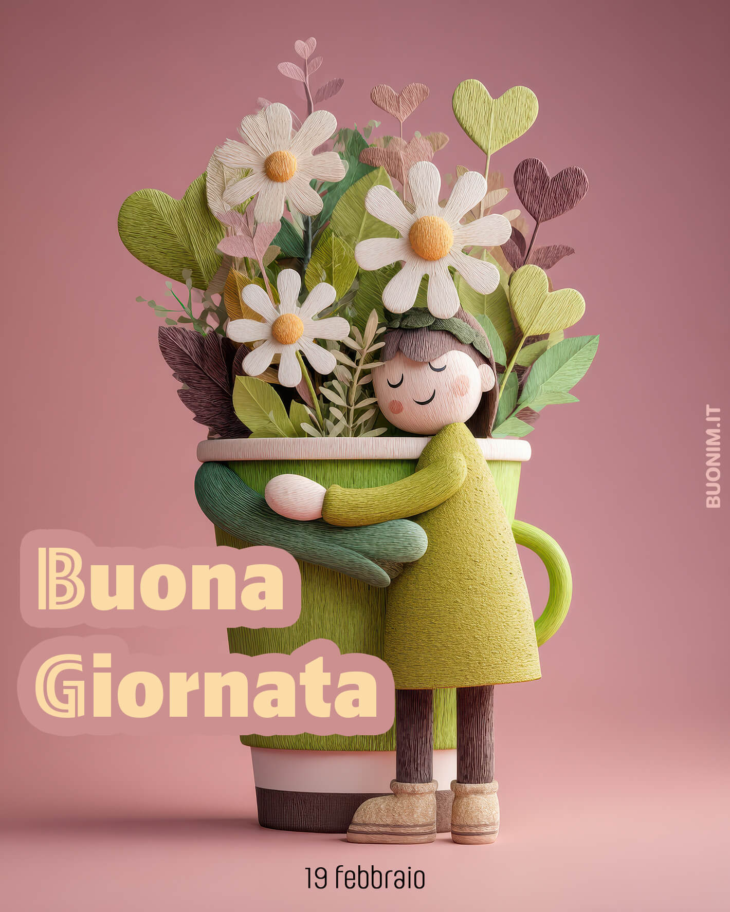 A volte basta un abbraccio per stare meglio. Questa bimba abbracciata a una tazza di margherite ti augura proprio questo, una giornata in cui sentirti al sicuro e amato.