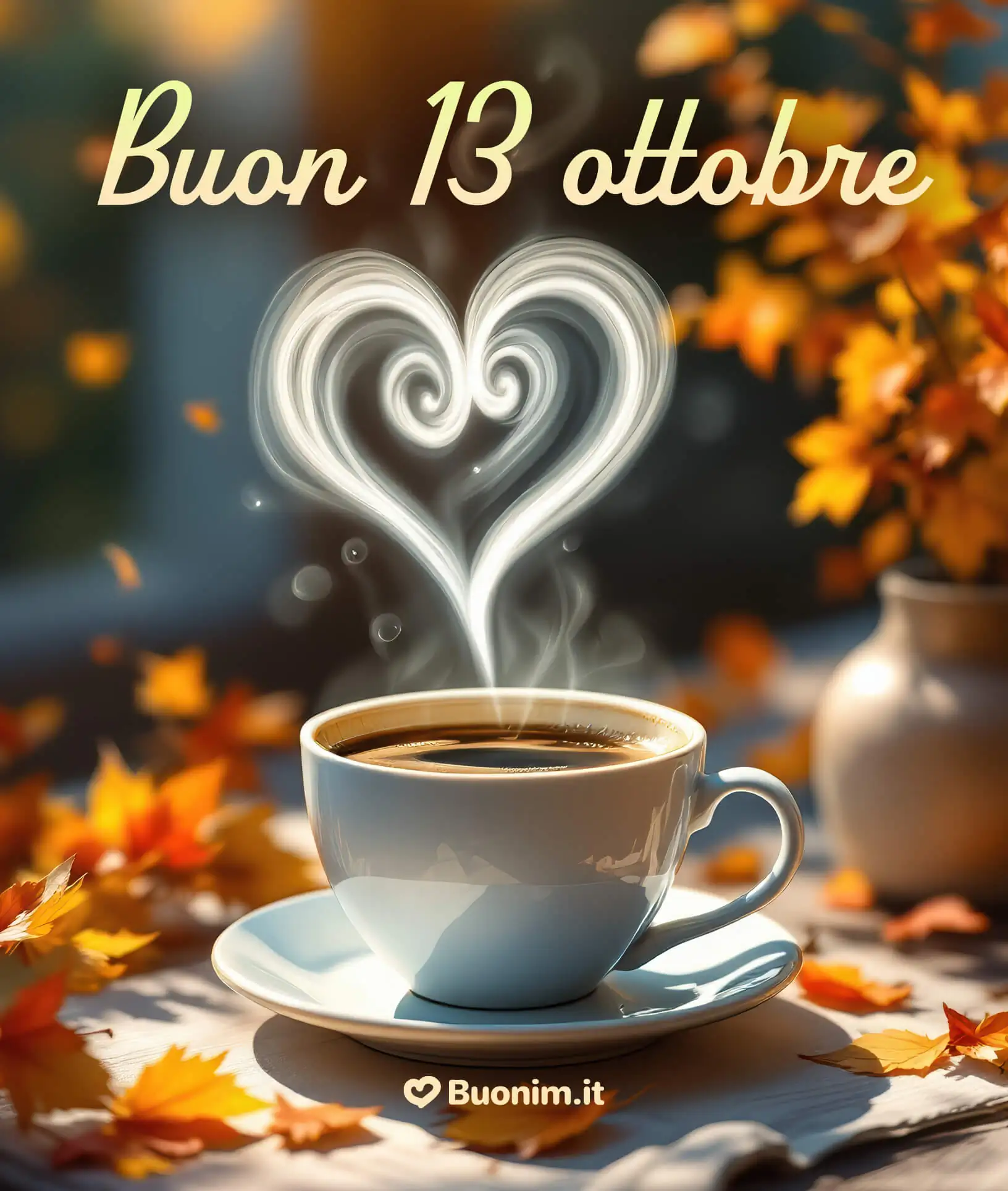 Profumo di caffè e mattino d’autunno Una tazza fumante e foglie dorate che scaldano l’atmosfera del 13 ottobre
