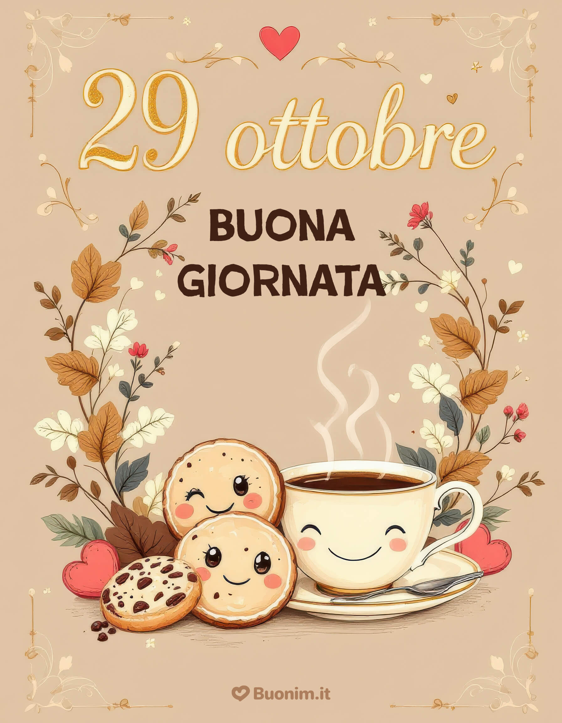 29 ottobre caffè e biscotti del buonumore Una tazzina che sorride tra fiori d’autunno ti augura una giornata leggera invia l’immagine e porta dolcezza e affetto