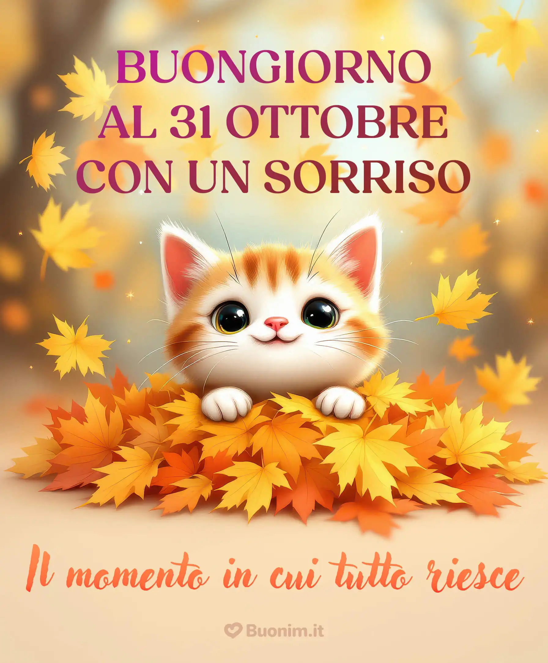 Una tenera immagine autunnale con un gattino per augurare buongiorno al 31 ottobre con affetto