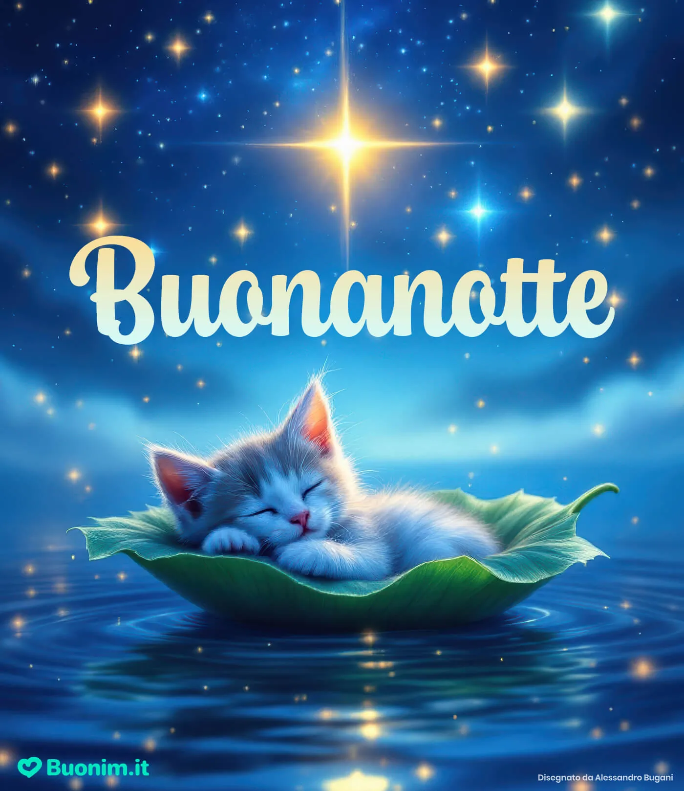 Un’immagine di buonanotte con gatti e luna per chi sogna tra le stelle