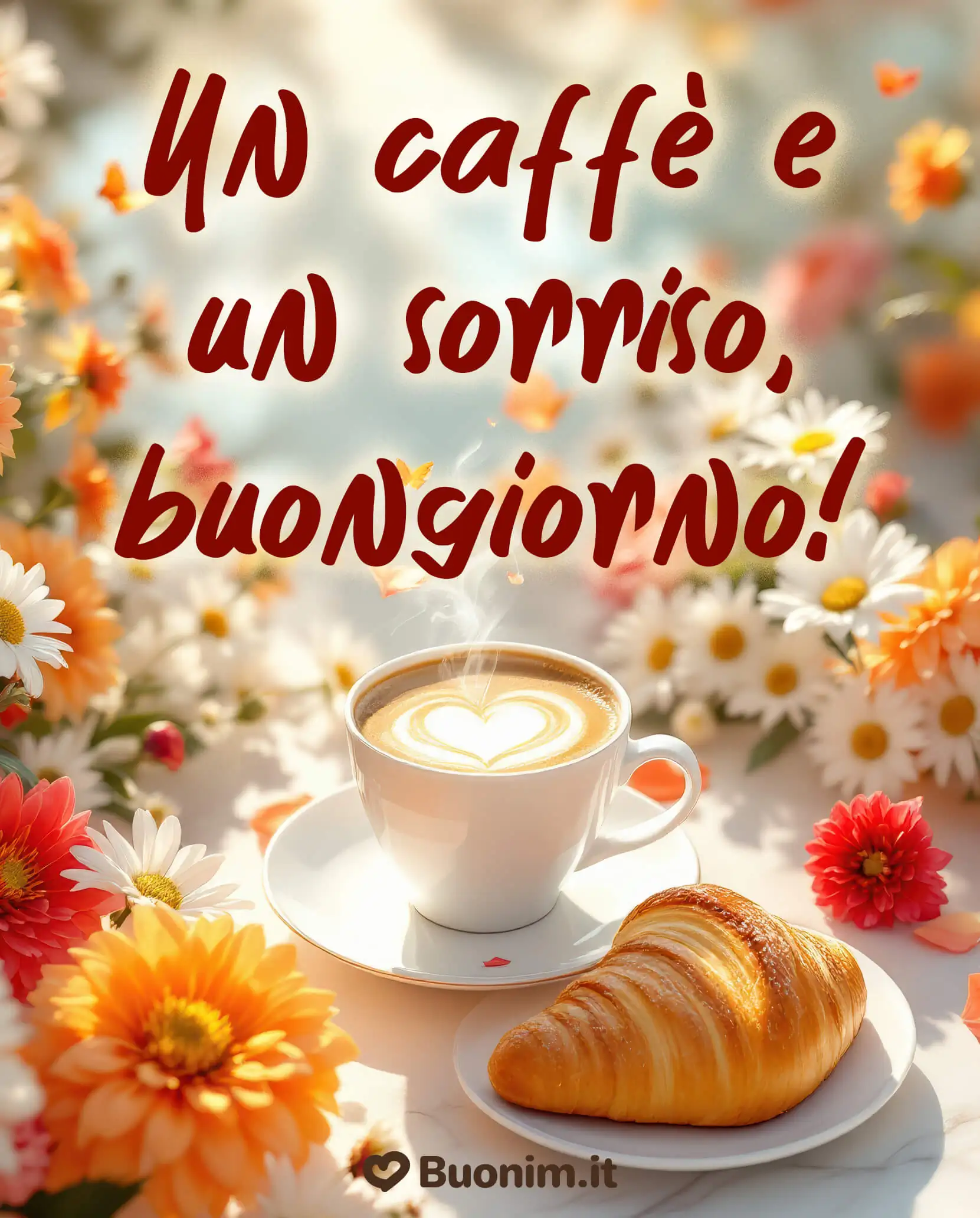 Buongiorno con sole e fiori e una frase bella per te Un’immagine di buongiorno con colazione e fiori per una mattina luminosa