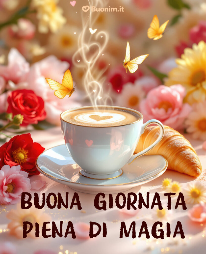 Un’immagine di buongiorno con i fiori e il caffè per iniziare la giornata con dolcezza