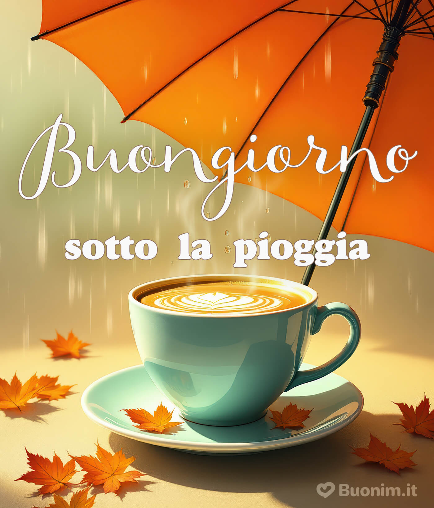 Buongiorno con la pioggia e caffè bollente per un risveglio coccoloso Un’immagine di buongiorno sotto la pioggia con un caffè caldo per l’anima
