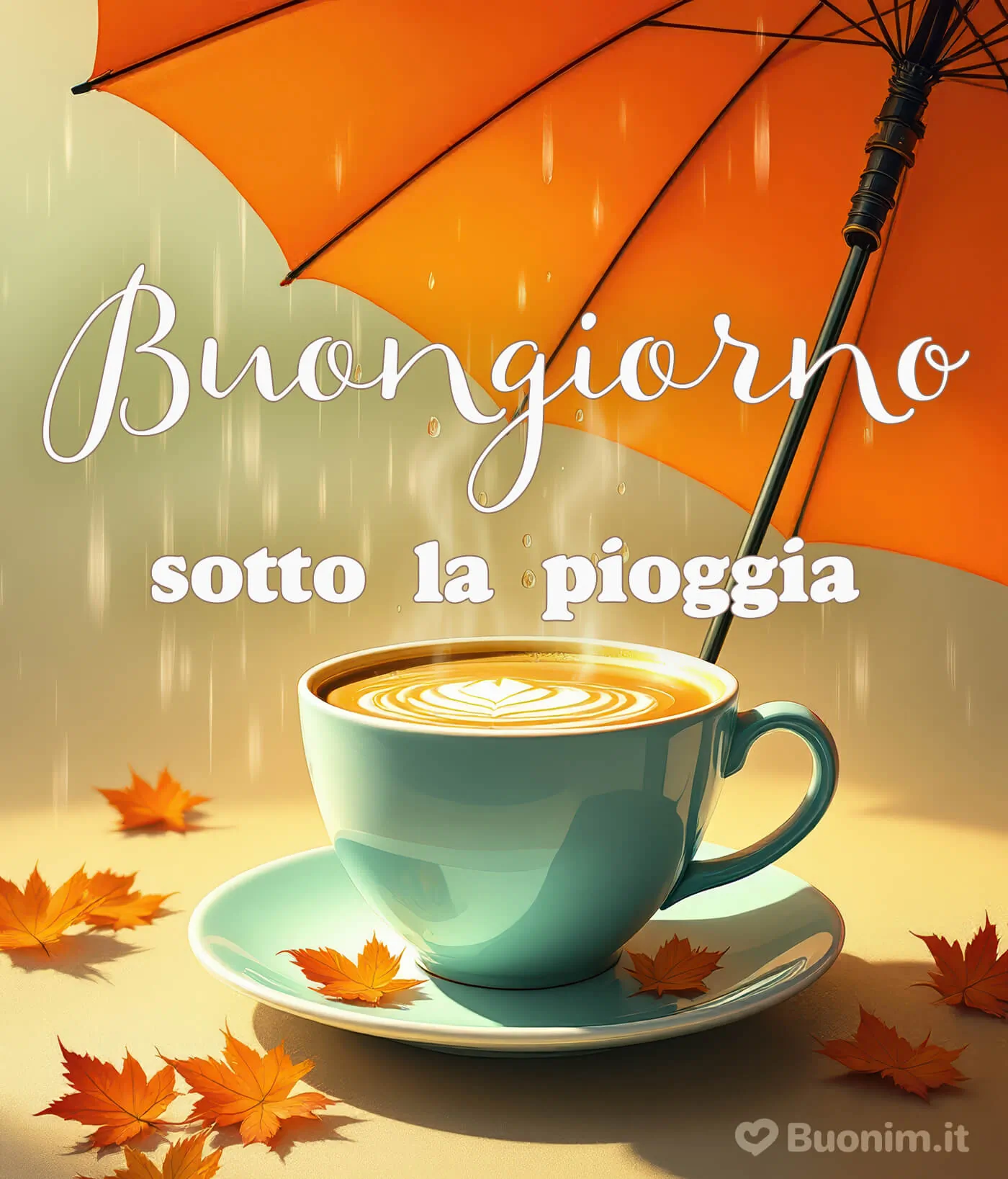 Un’immagine di buongiorno sotto la pioggia con un caffè caldo per l’anima