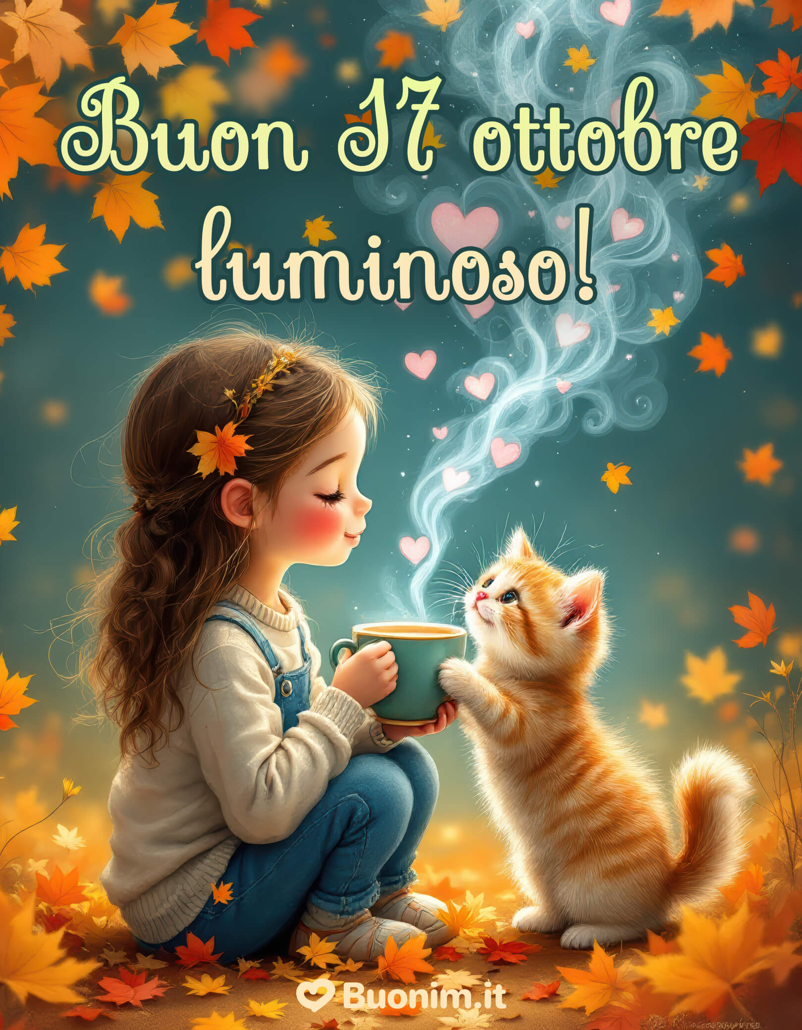 Mattina dolce con un micio e una tazza di calore Un’immagine tenerissima per augurare un buongiorno luminoso il 17 ottobre. Scaricala e condividi un abbraccio pieno di dolcezza e serenità.