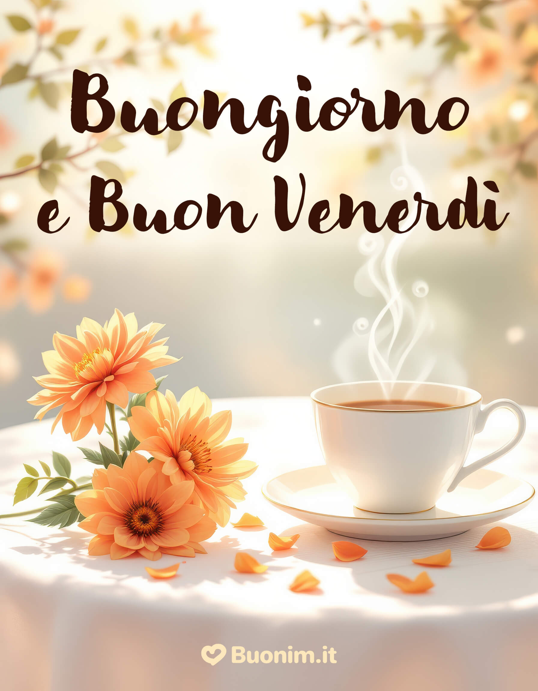 Venerdì luminoso tra fiori arancio e caffè Luce morbida sul tavolo, petali che sembrano carezze e una tazzina che scalda l’anima. Buongiorno e buon venerdì, che sia una giornata di pace, coccole e piccoli momenti felici.