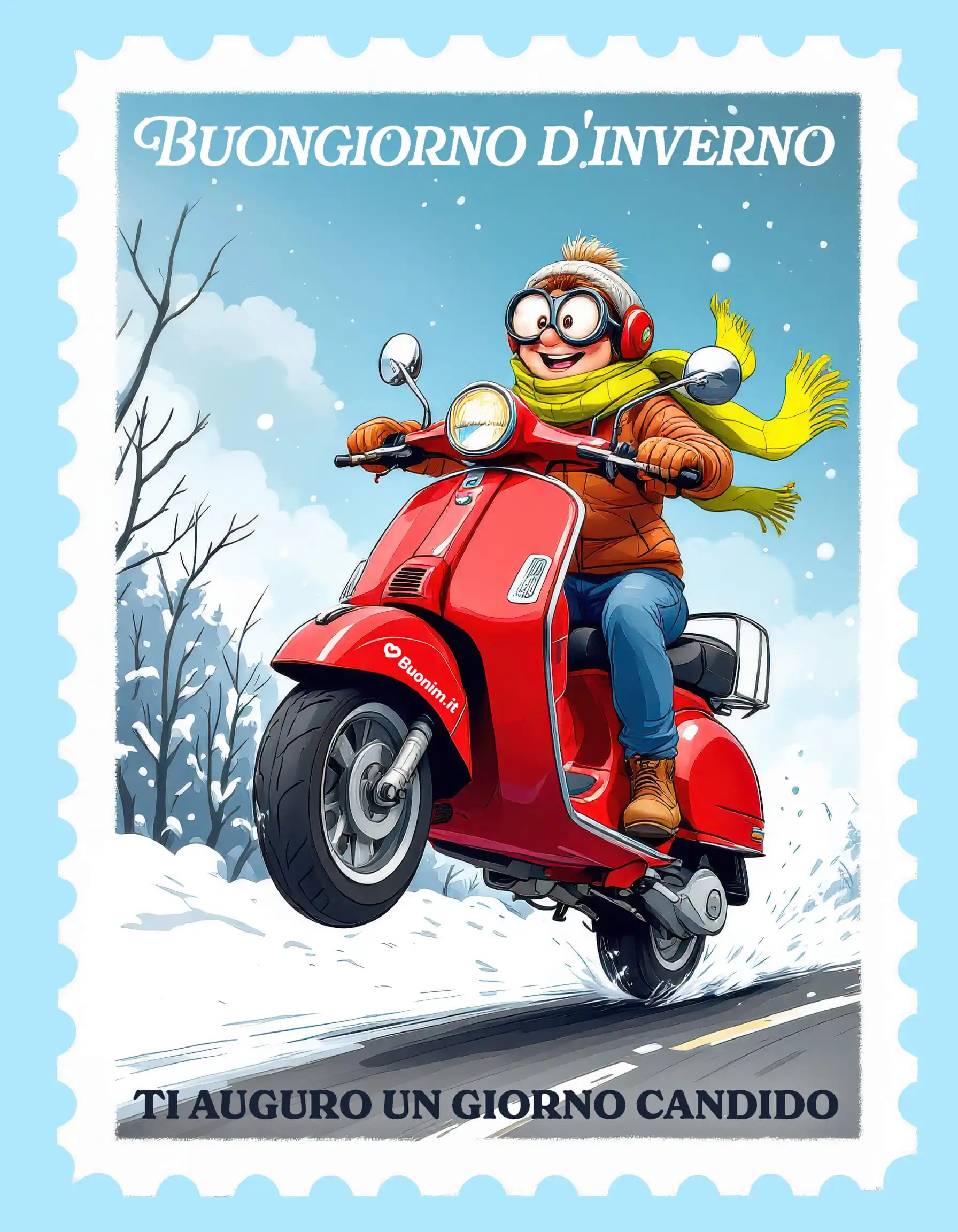 Sciarpa gialla al vento e strada candida, il sorriso guida la Vespa e accende la giornata. Tra una curva e un’immagine dell’inverno nasce l’energia più bella. Che la neve ti porti entusiasmo e passi leggeri.