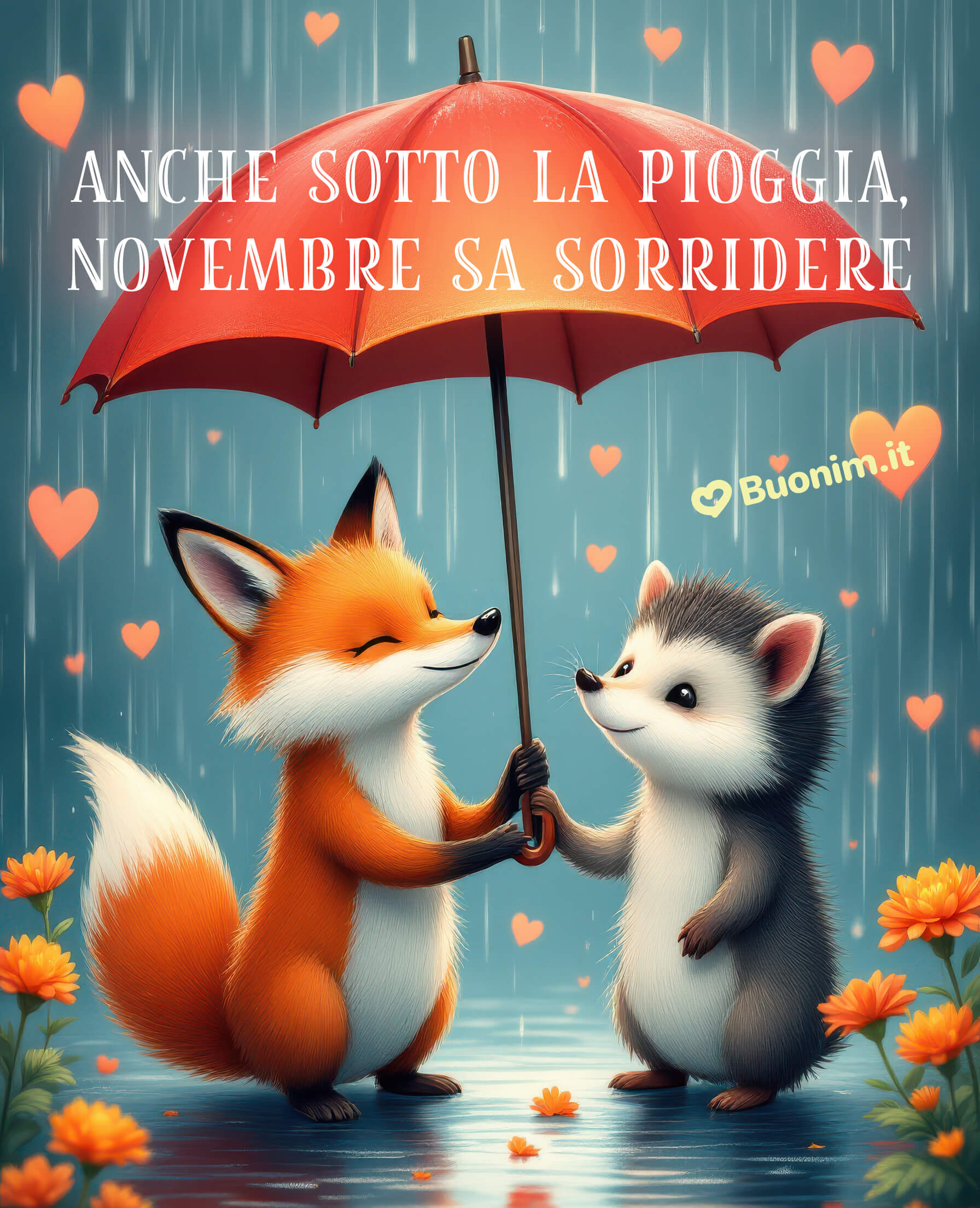 Volpe e riccetto sotto la pioggia di novembre sorridente Sotto l’ombrello rosso, tra gocce e cuori, sboccia un abbraccio che scalda l’anima anche nei giorni di pioggia. Che novembre porti serenità e piccoli gesti d’amore. Immagini nuove per augurare un buon mese pieno di dolcezza e luce.
