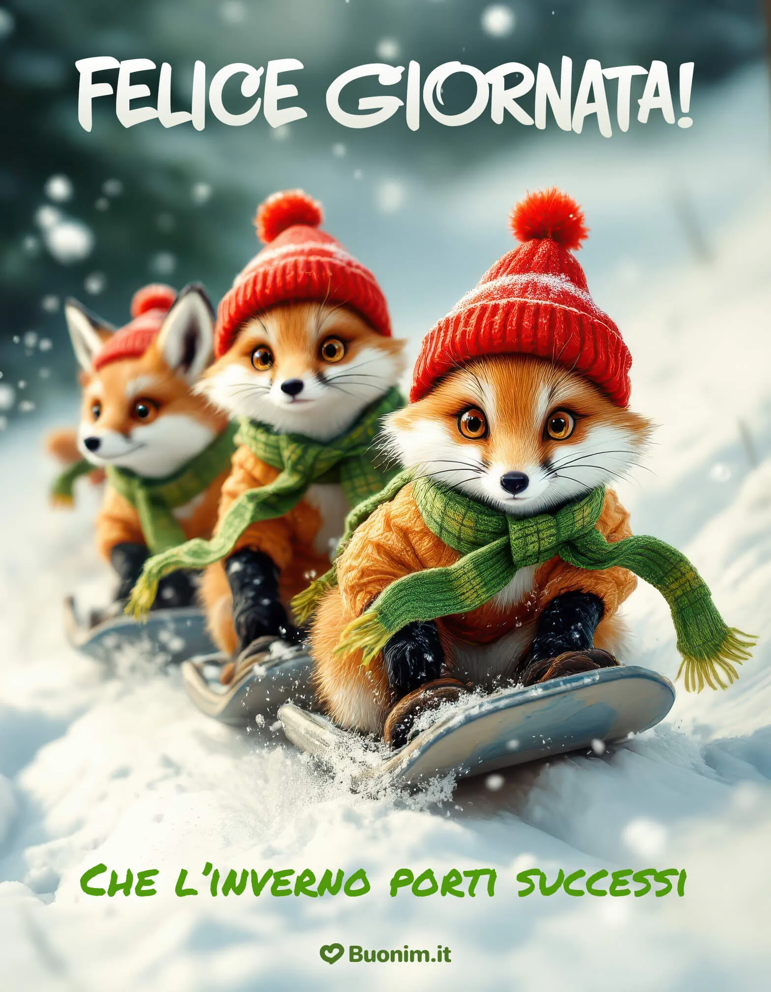Tre amici pelosi scendono veloci tra i fiocchi, risate e complicità che scaldano il cuore. Un’immagine dell’inverno piena di gioia e tenerezza per iniziare bene la giornata. Ti auguro successi brillanti e tanta serenità.