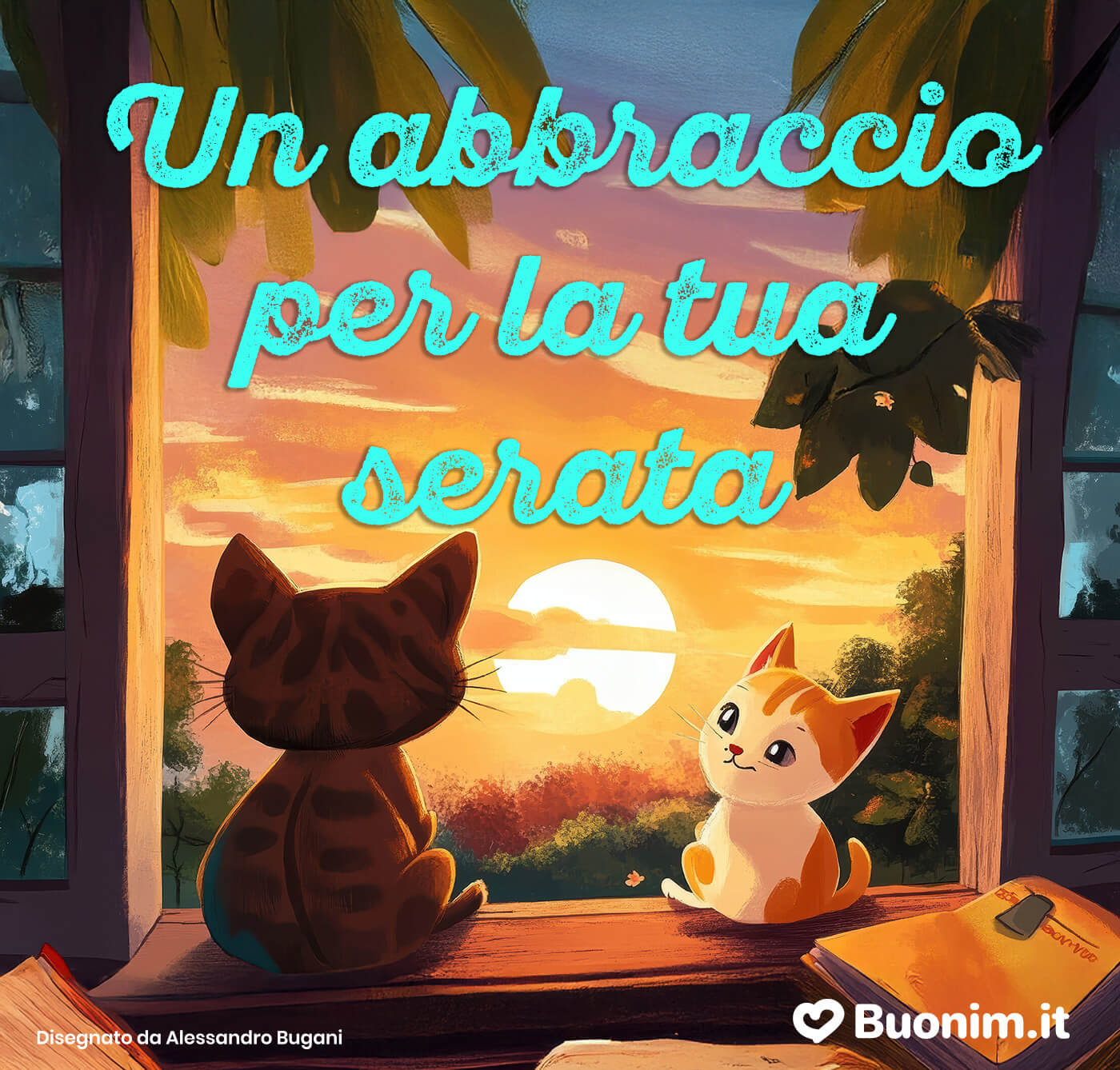 Whimsical cats watching sunset through open window with copy space Whimsical cats watching sunset through open window with copy space