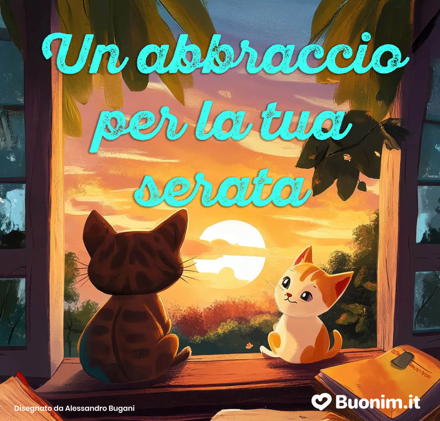 Whimsical cats watching sunset through open window with copy space